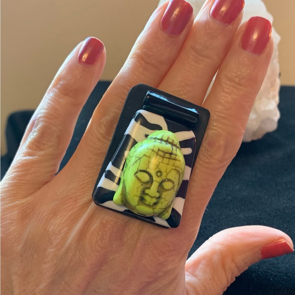Unique upcycled statement ring in fun colours, great for the holidays.